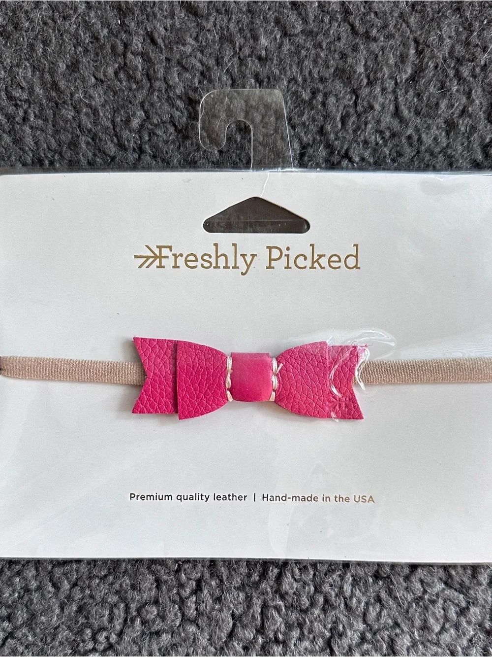 Freshly Picked Bright Pink Leather Bow Headband with Nude Elastic